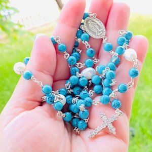 Turquoise pearl cz stone 925 SS rosary necklace